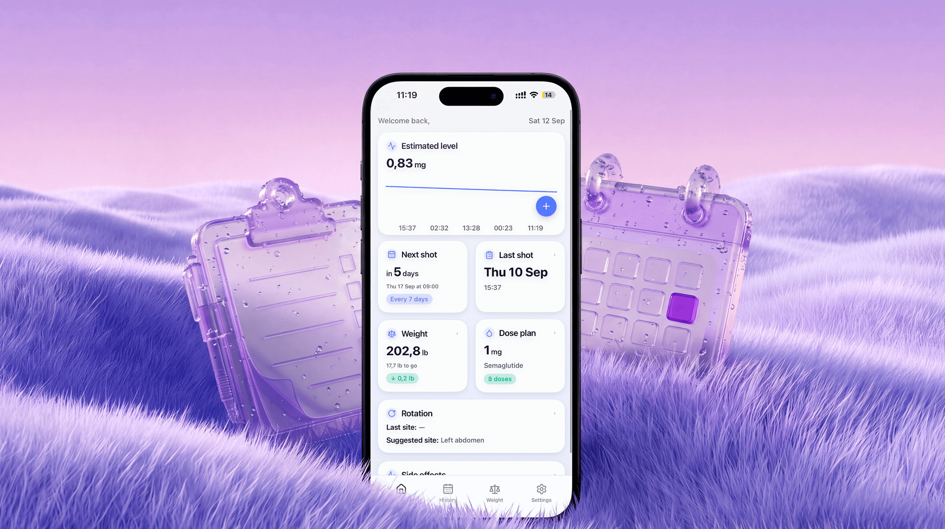 EvenDose on an iPhone, showing the next shot, last shot, weight and dose plan