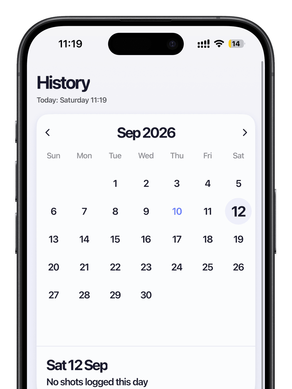 History screen with a month calendar