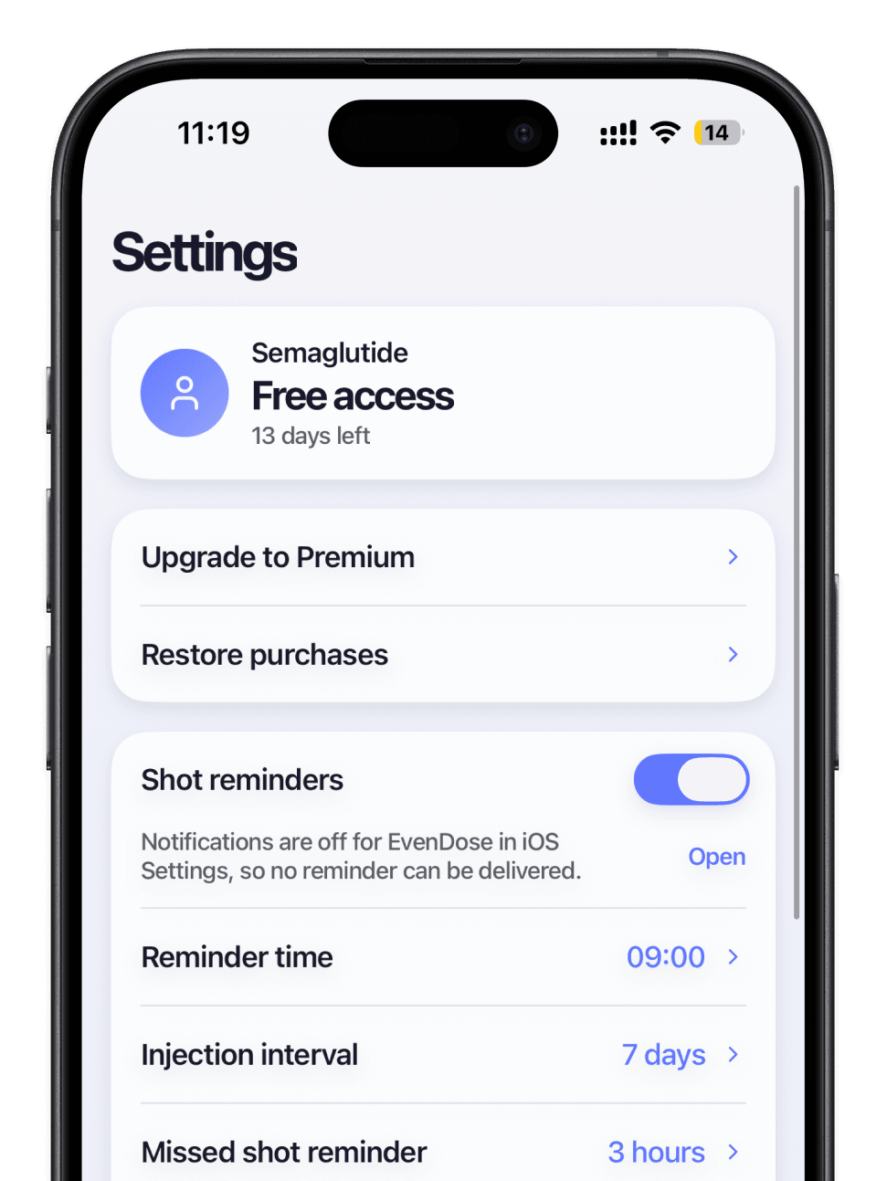 Settings screen showing free access